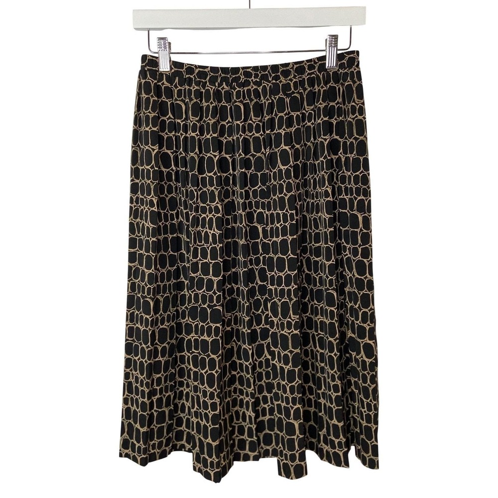 Leslie Fay Petite Midi Skirt Black Tan Geometric Honeycomb Pleated Size 10P